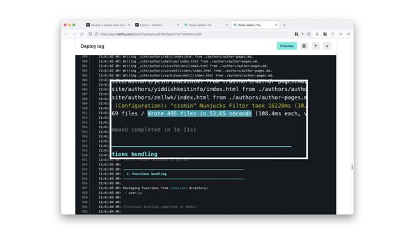 Screenshot of a Netlify Deploy log for the old 0.12.x Eleventy docs: 495 files in 53.65 seconds