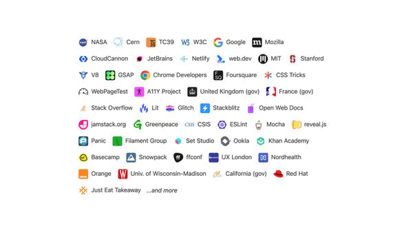 Logo cloud of folks using 11ty including NASA, Cern, TC39, and others
