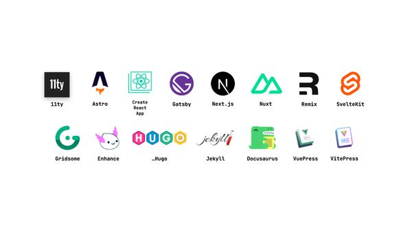 A logo cloud of a ton of site generators, including 11ty, Next.js, Astro, Create React App, Gatsby, Nuxt, Remix, SvelteKit and others.