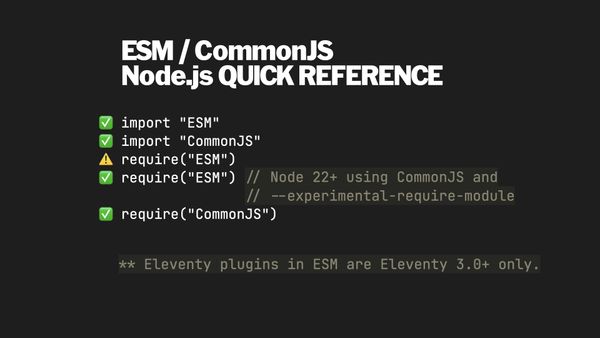 ESM/CommonJS Node.js Quick Reference. You can import "ESM". You can import "CommonJS". You can’t require("ESM") unless Node 22+ and --experimental-require-module. You can require("CommonJS"). Eleventy plugins written in ESM will be Eleventy v3+ only.