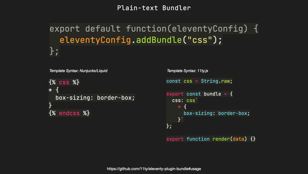 eleventyConfig.addBundle("css"); adds css shortcode for use in templates.