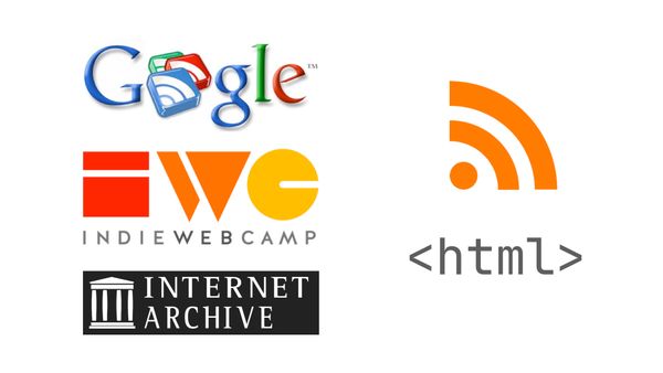 Logos for Google Reader, IndieWebCamp, Internet Archive, RSS, and HTML