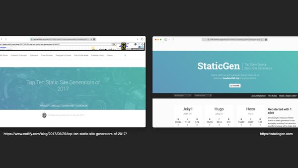 Screenshots of Netlify Blog (Top Ten Static Site Generators of 2017) and StaticGen