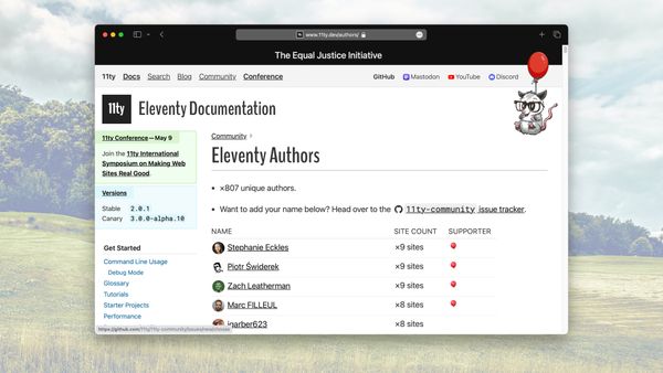 Screenshot of the Authors page on 11ty.dev