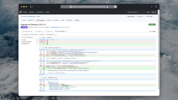 A screenshot of a GitHub diff for an 11ty Upgrade to v3.0.0