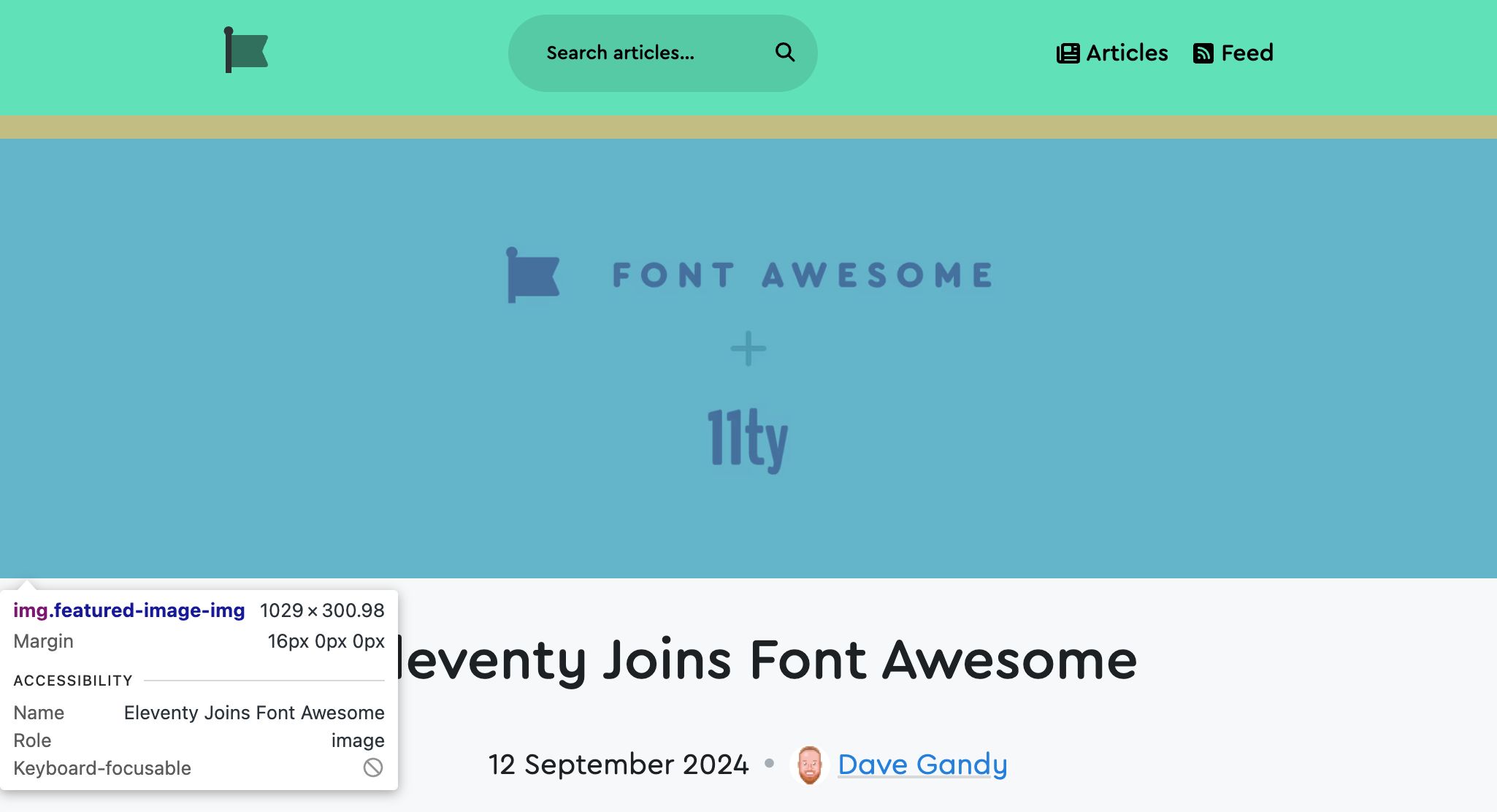 Screenshot of the new blog.fontawesome.com with a featured image that says Font Awesome + 11ty