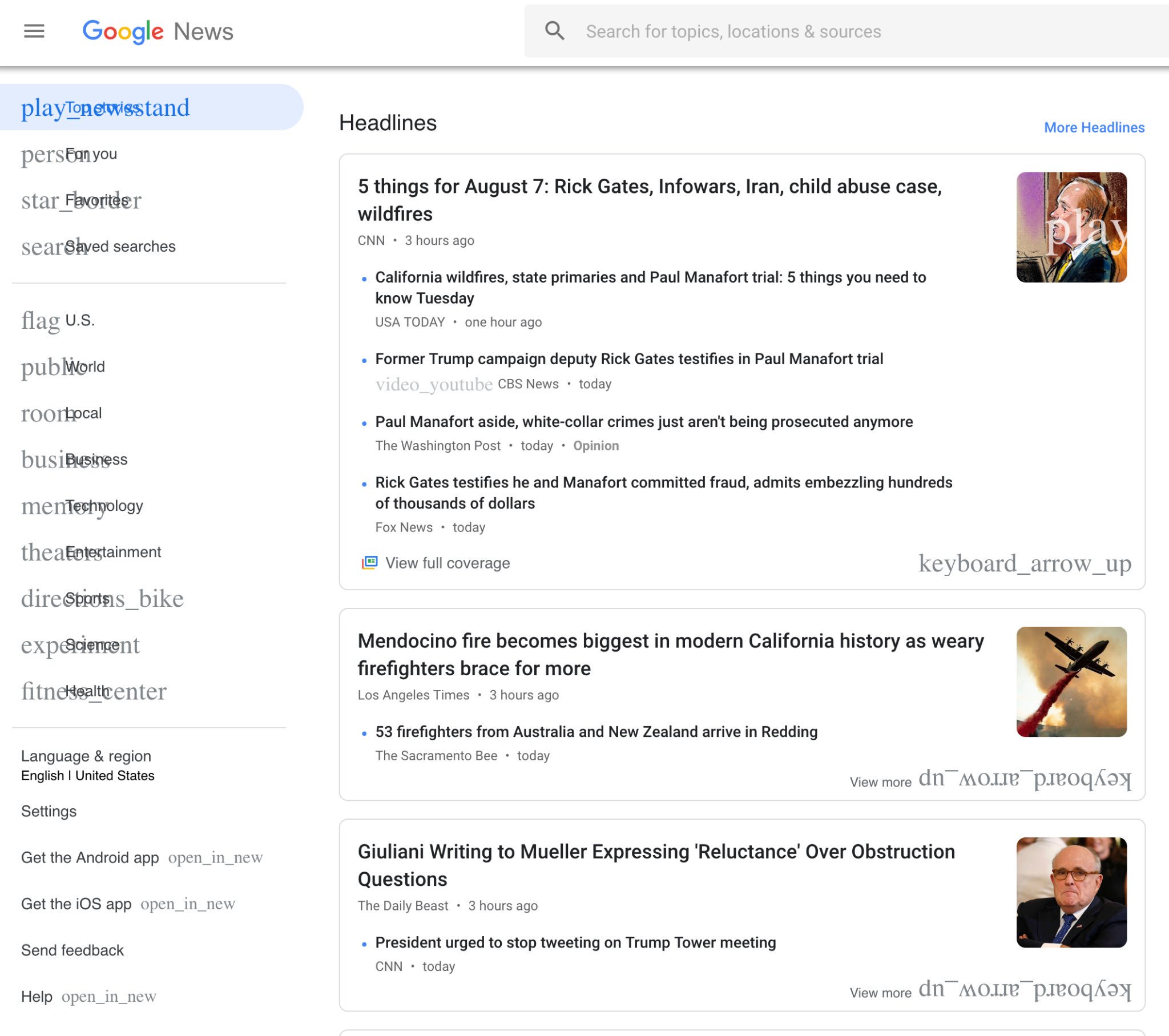Screenshot of the Ligature icon fallback of Google News (showing overlapping text with content)